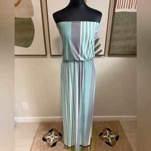 3/$10 fashionomics Gray Aqua Striped Strapless Maxi Dress
